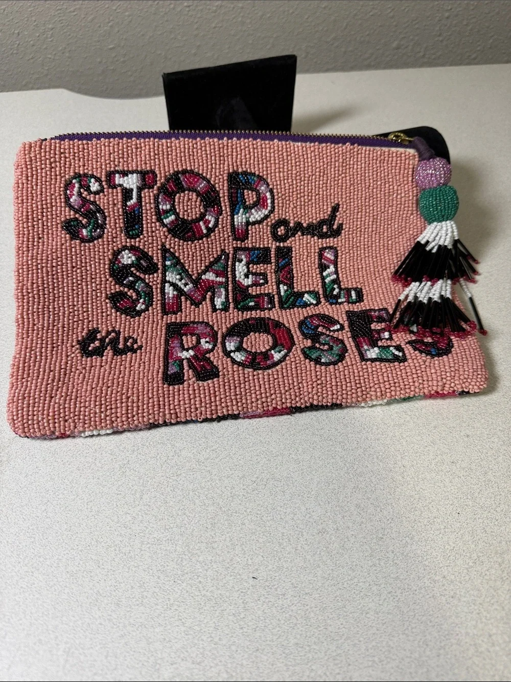 Anthropologie Pink Beaded 'Stop and Smell the Roses' Zip Pouch